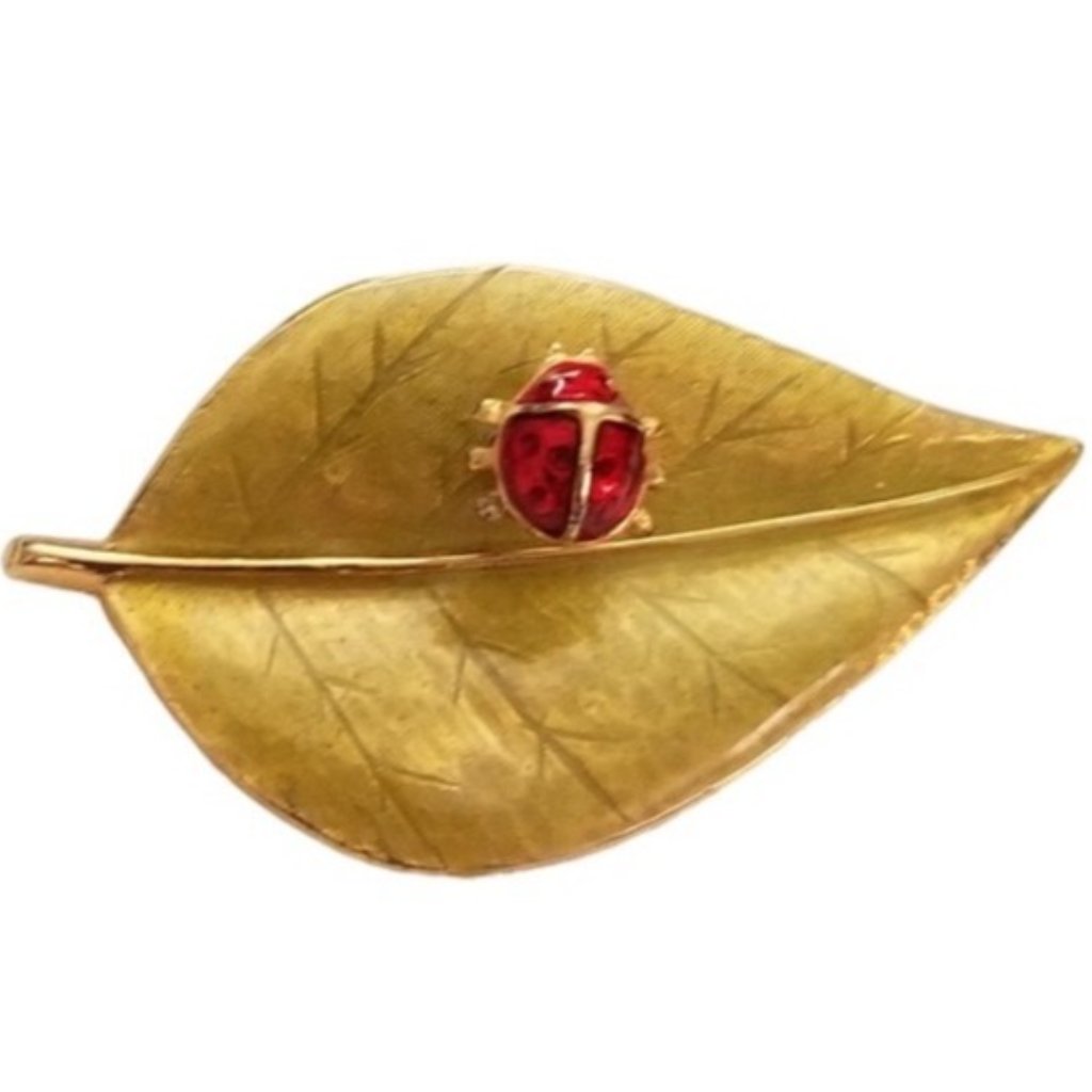 Lia Green Enamel Leaf Lady Bug Trembler Brooch Pin, Signed L72